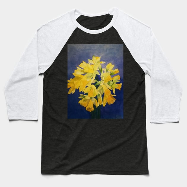 Daffodils watercolour painting with a deep purple blue background. Baseball T-Shirt by esvb